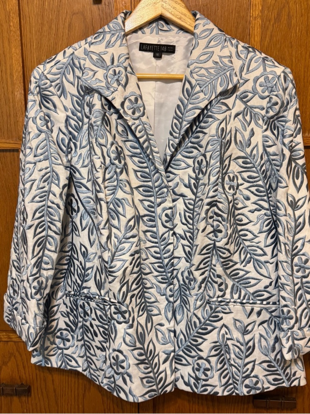 Lafayette 148 New York Blazer Jacket Size 16 Blue Floral Embroidered Career Luxe